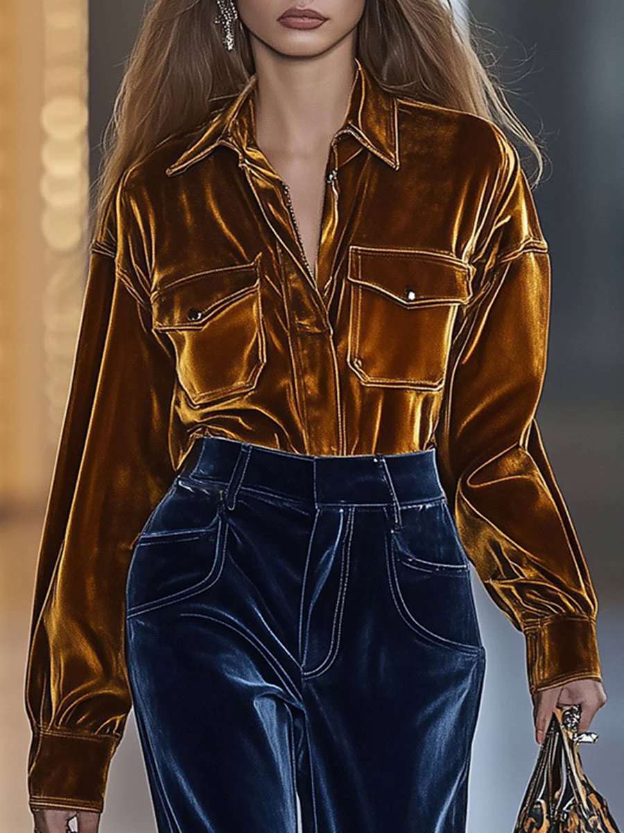 Casual Loose Retro Pocket Solid Velvet Long Sleeve Blouse