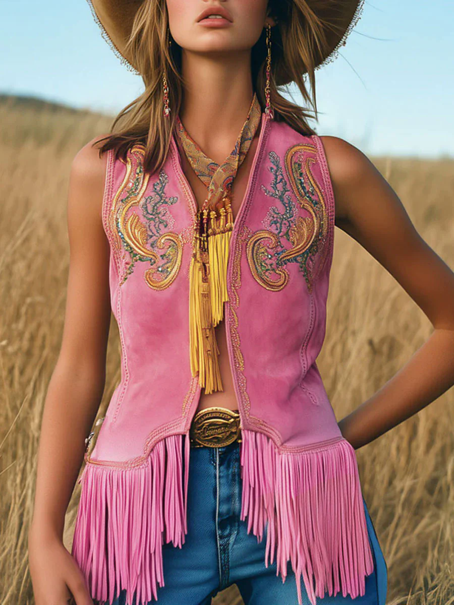 Casual Loose Vintage Gold Embroidery Pink Suede Tassel Vest
