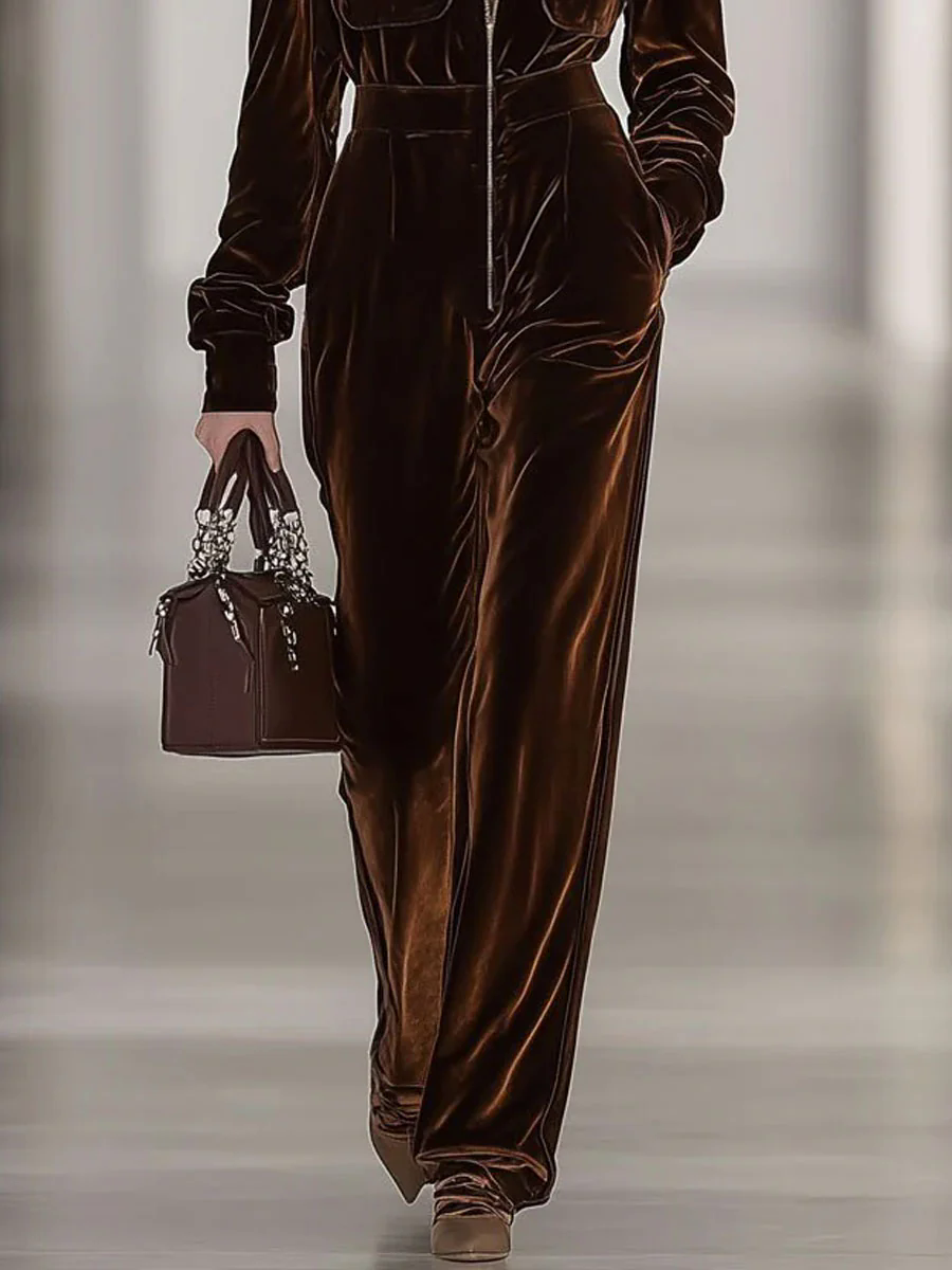 Casual Loose Vintage Velvet Multi-Pocket Zipper Long Sleeve Jumpsuit