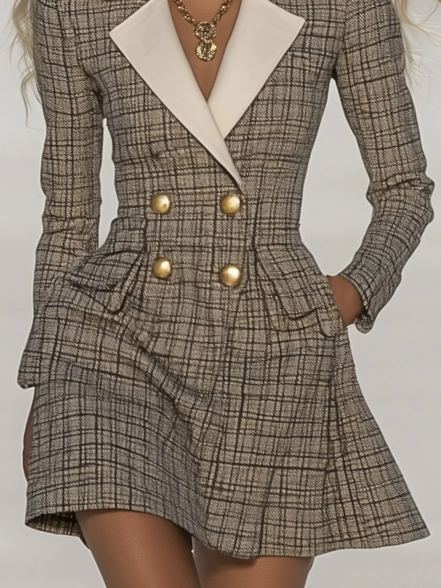 Classic and Fashionable Contrast Lapel Plaid Mini Dress