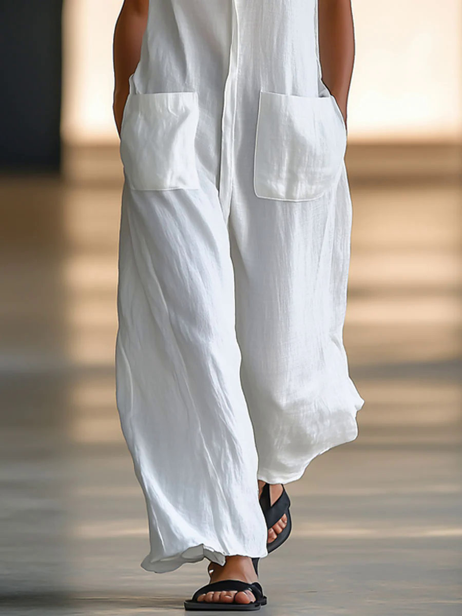 Casual Loose Retro White Breathable Linen Sleeveless Wide Leg Pants Jumpsuit