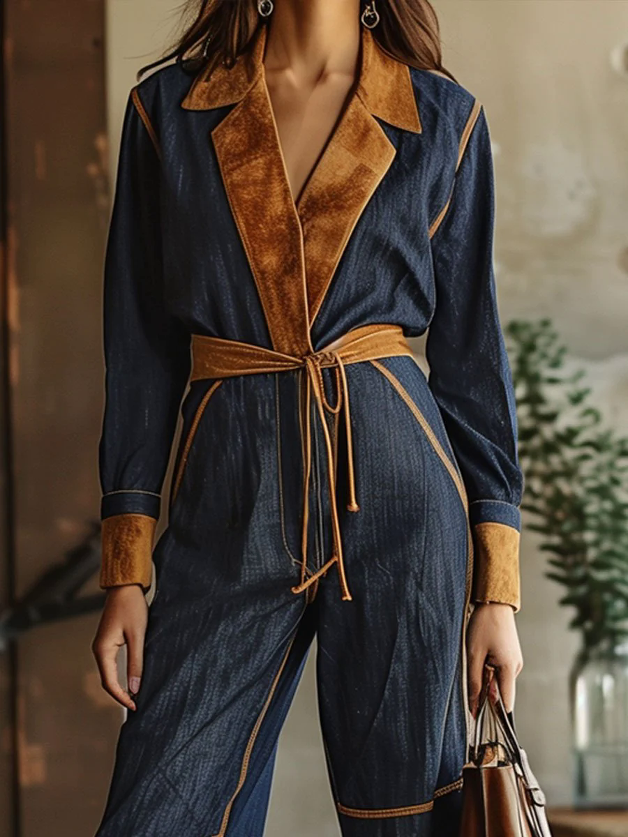 Casual Loose Retro Denim Suede Stitching Long-Sleeved Jumpsuit