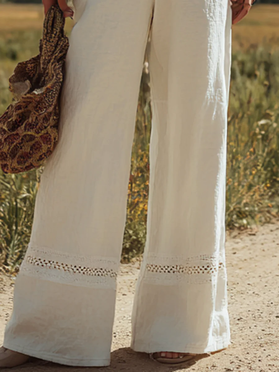 Women's White Linen Sleeveless Suspender Button Jumpsuit With Lace Design