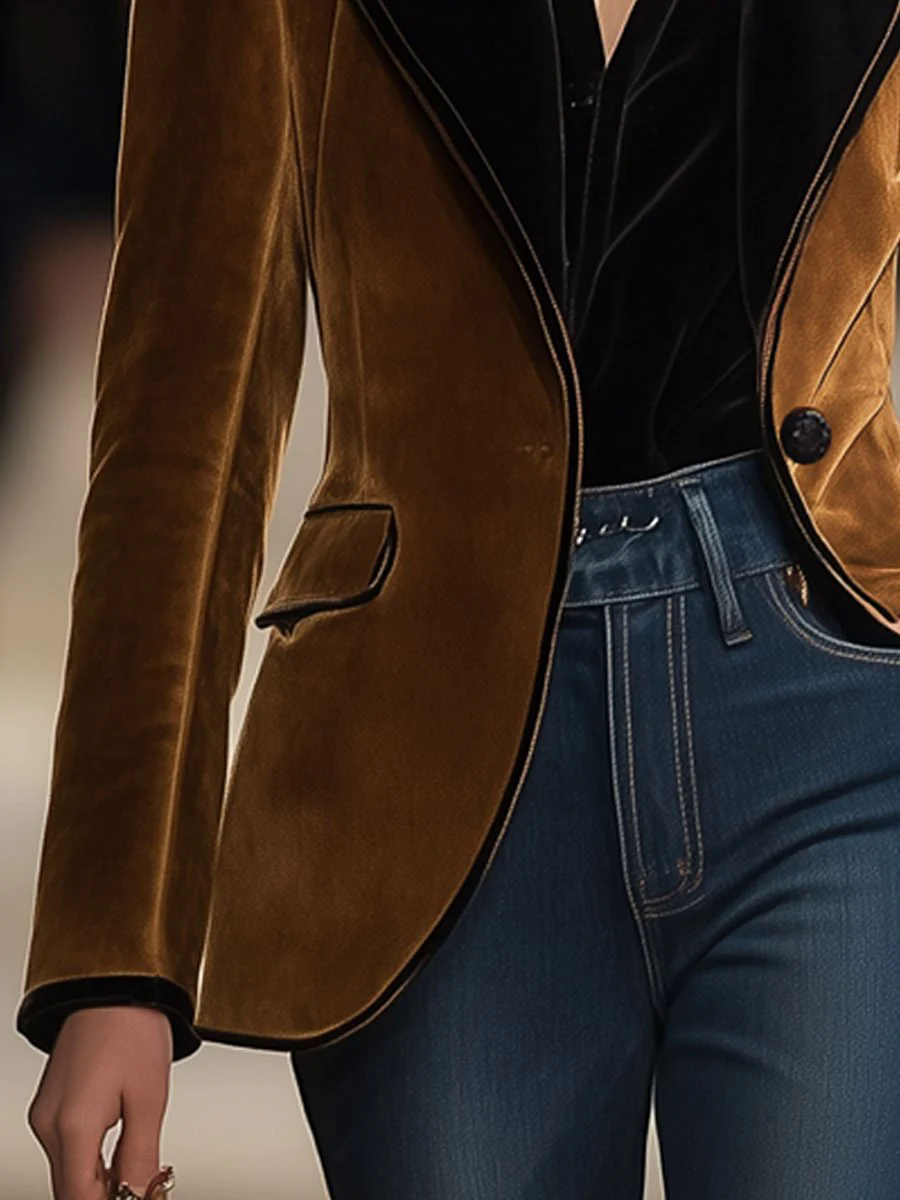 Casual Loose Vintage Suede Colorblock Lapel Pocket Blazer