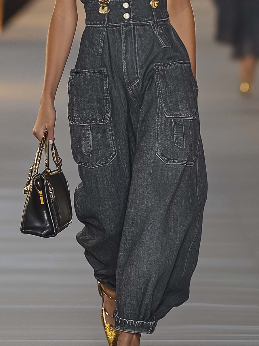 Fashion Personality Loose V-neck Suspender Denim Jumpsuit