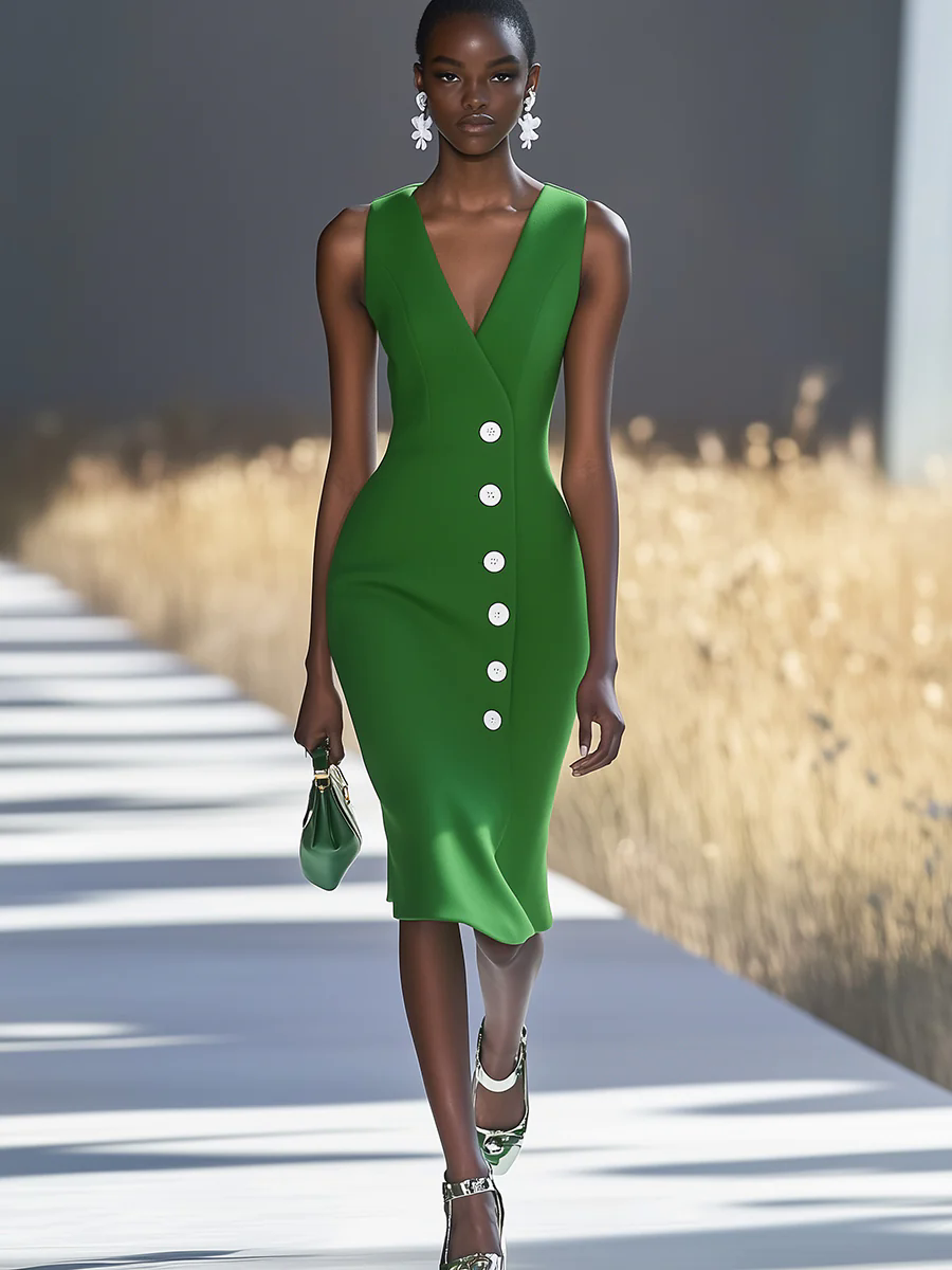 Fashionable And Elegant White Button V-neck Green Sleeveless Midi Dress