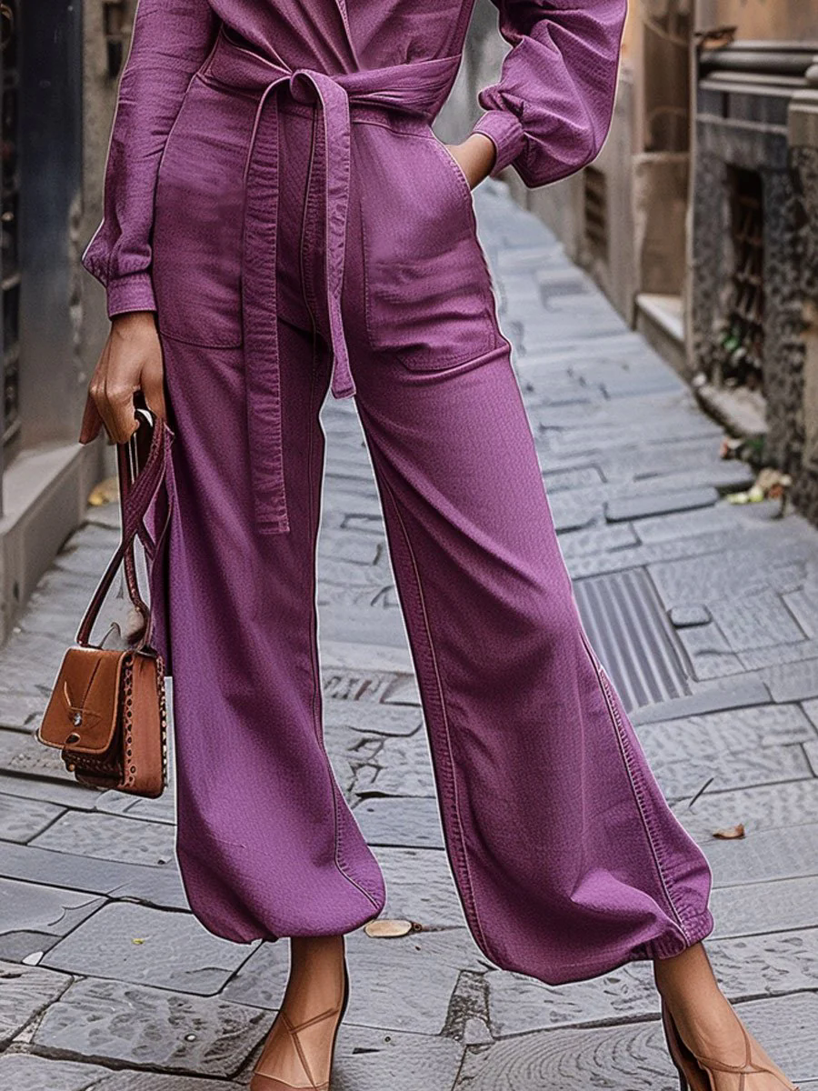 Casual Loose Belted Pocket Purple Denim Long Sleeve Jumpsuit