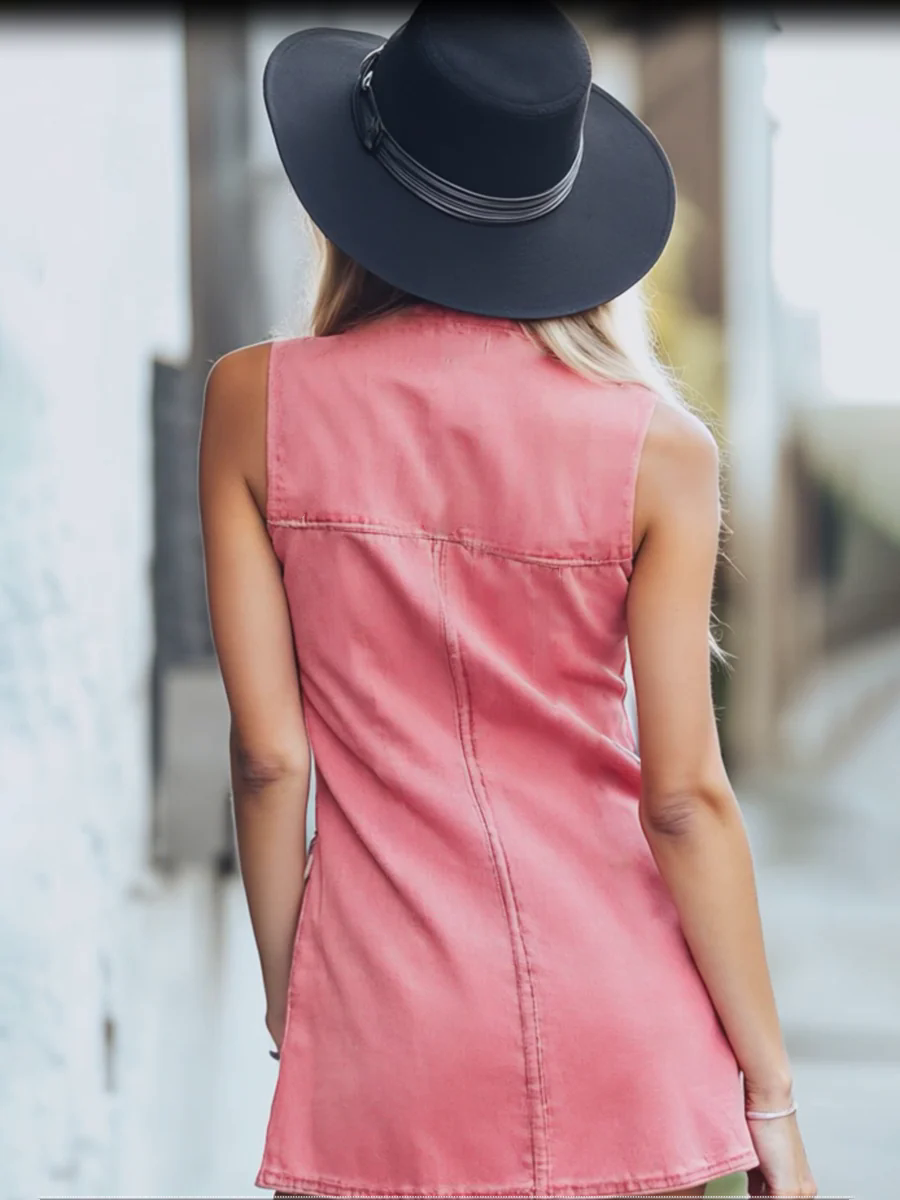 Chic Pink Denim Button Front Sleeveless Mini Dress