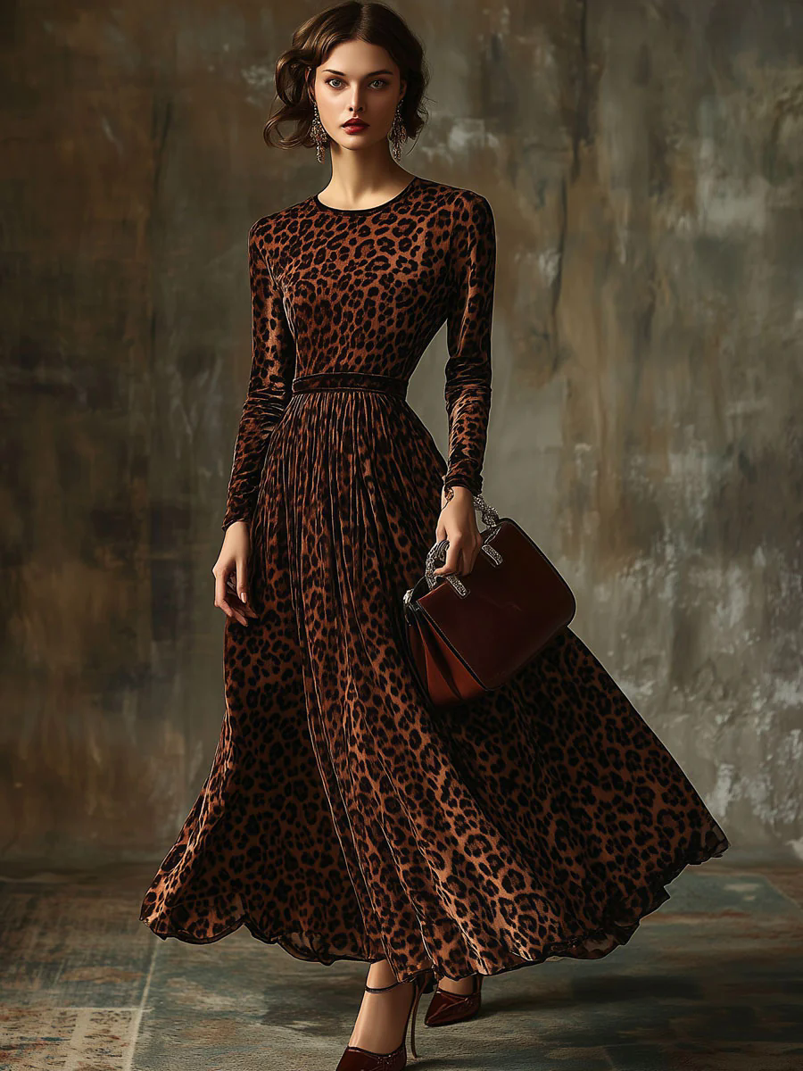 Casual Vintage Velvet Leopard Print Round Neck Maxi Dress