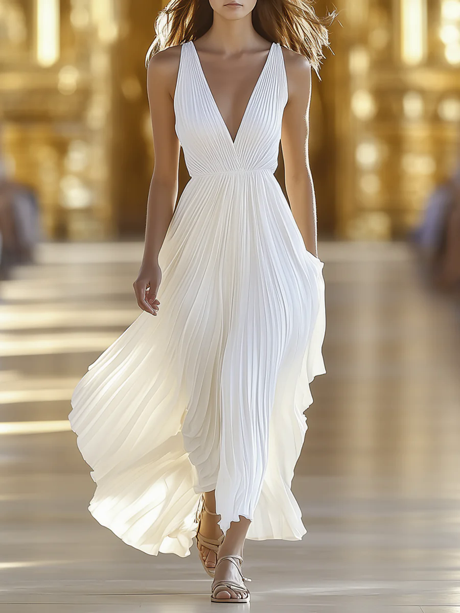 Premium Chiffon V-Neck Pleated Maxi Dress