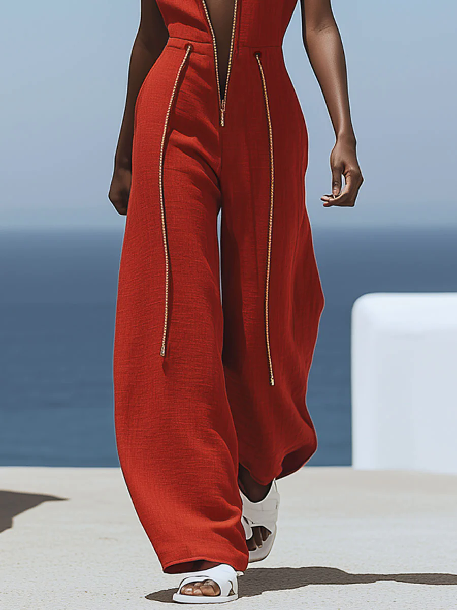 Casual Retro Red Cotton and Linen Zipper Sleeveless Elastic Waist Wide Leg Jumpsuit