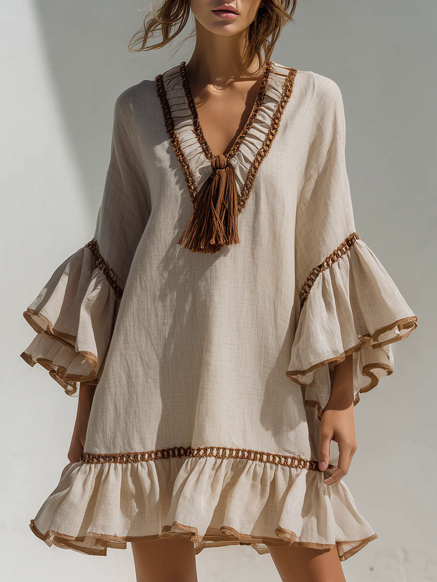 Lightweight Breathable Cotton And Linen Ruffled Long Sleeve V-neck Holiday Mini Dress