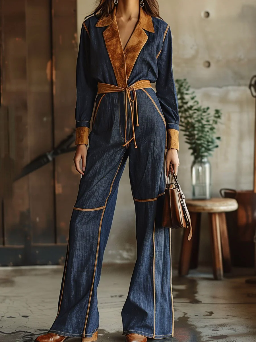 Casual Loose Retro Denim Suede Stitching Long-Sleeved Jumpsuit