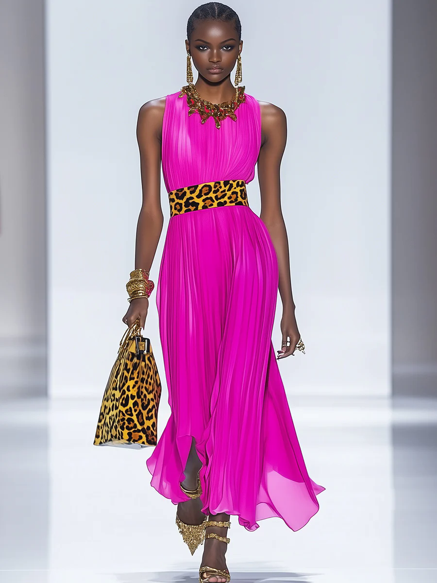 Women's Peach Pink Round Neck Sleeveless Textured Pleated Chiffon Dress With Leopard Print Belt