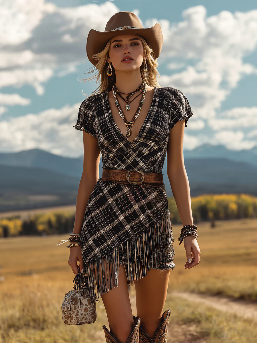 Women's Black And White Plaid Short-sleeved V-neck Irregular Hem Stitching Tassel Dress