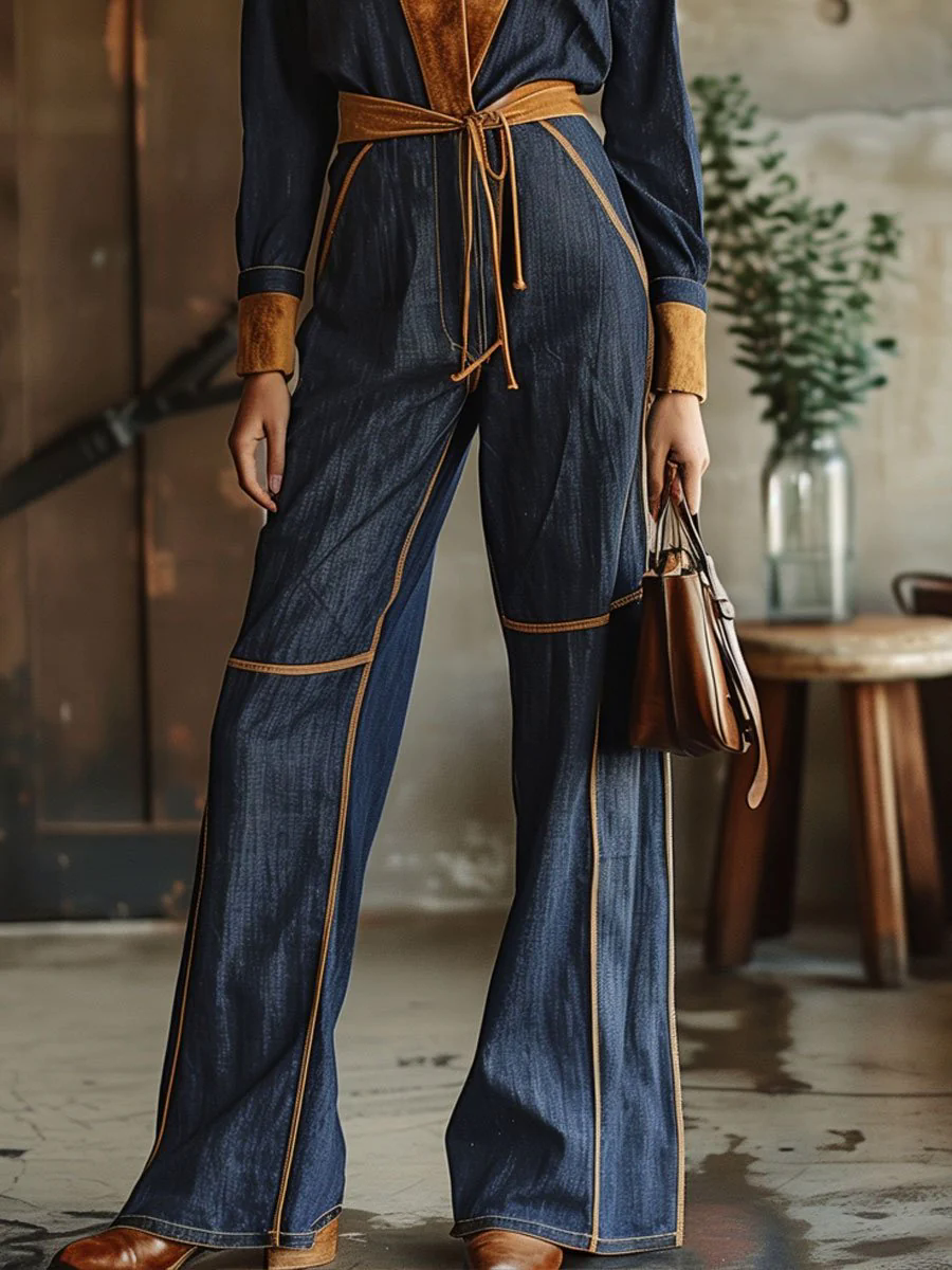 Casual Loose Retro Denim Suede Stitching Long-Sleeved Jumpsuit