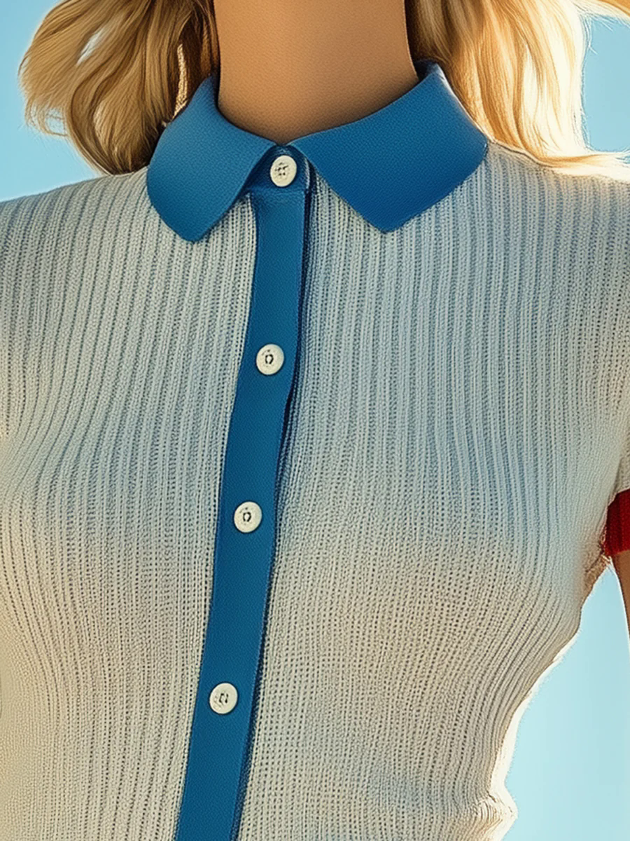 Retro Contrast Polo Collar Beige Short-sleeved Knit Top