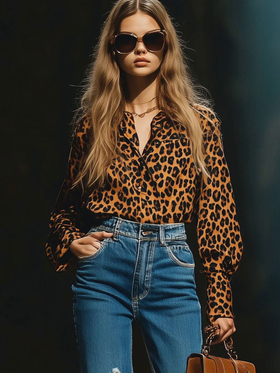 Casual Loose Vintage Velvet Leopard Print Long Sleeve Blouse
