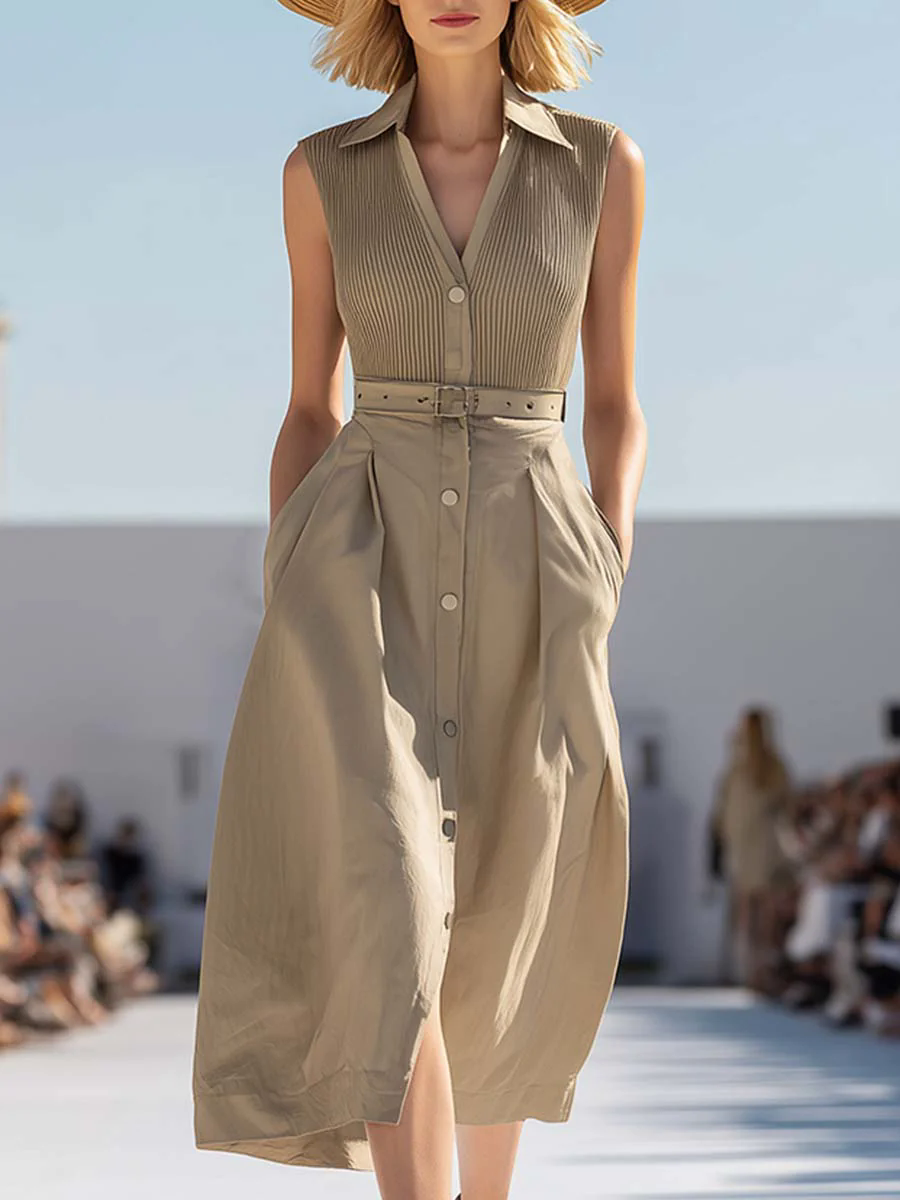 Elegant Professional Khaki Ultra-thin Knitted Patchwork Cotton Maxi Dress