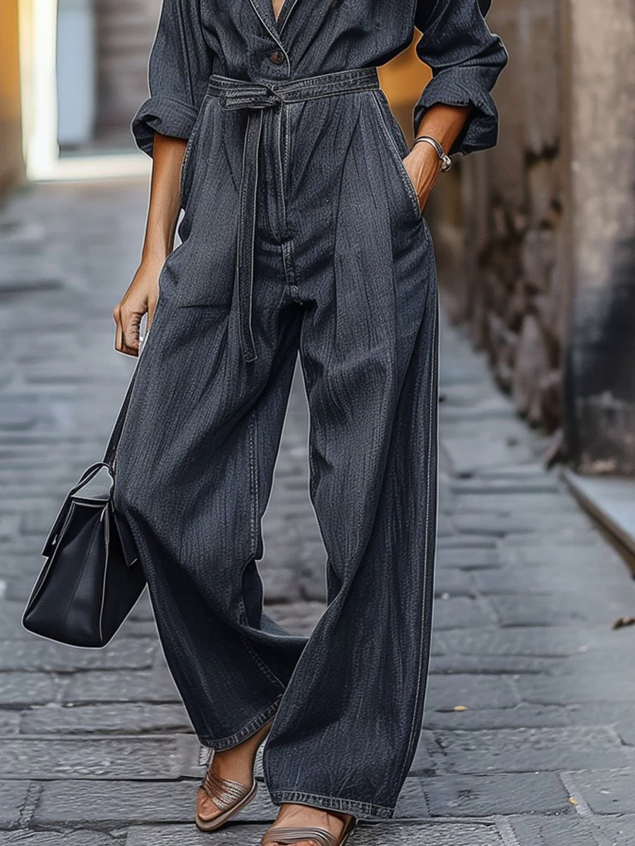 Casual Loose Retro Lace-up Long Sleeve Denim Jumpsuit