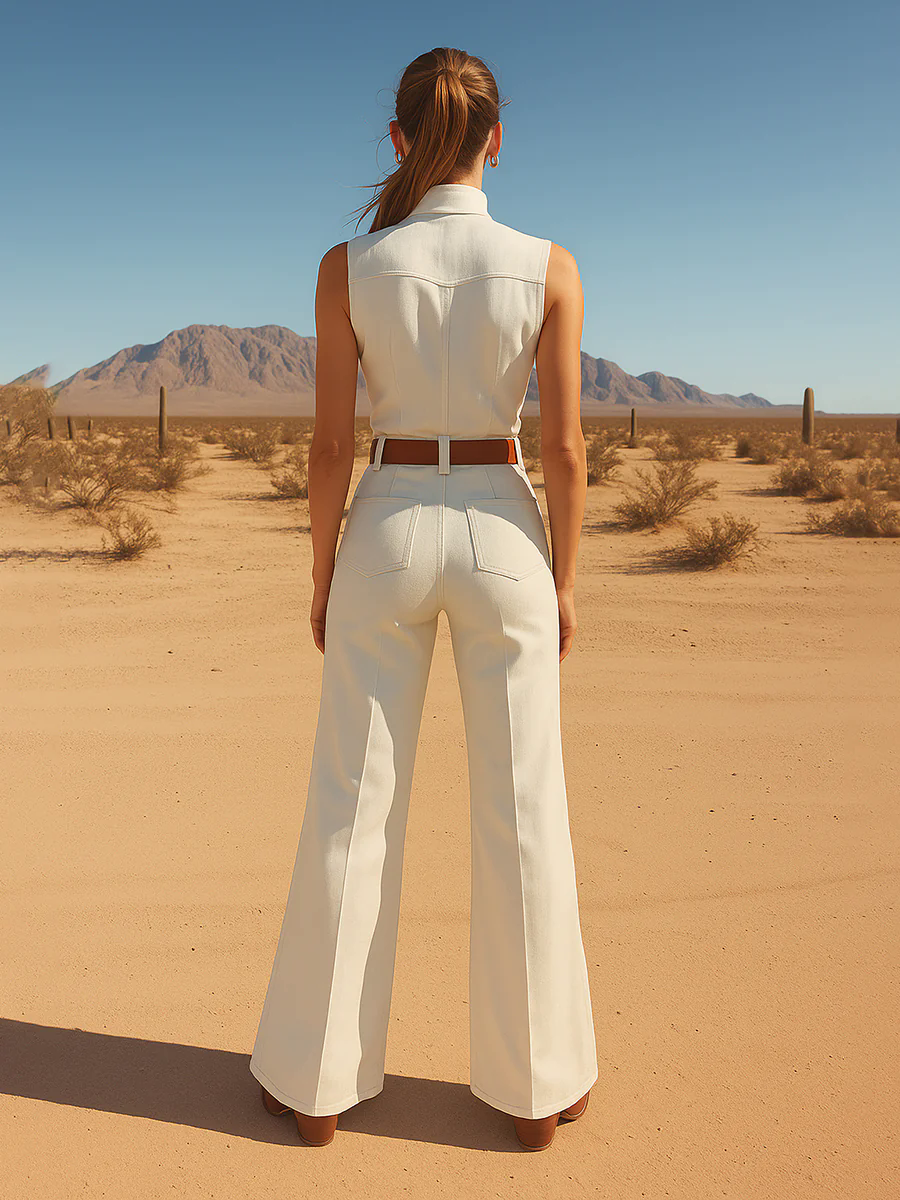 Retro Western Style Embroidered Stand Collar Sleeveless Wide Leg Jumpsuit