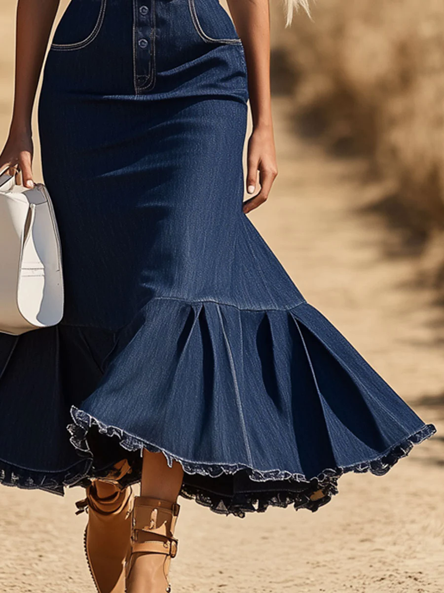 Casual Fashion Dark Blue Denim Sleeveless Shirt Fishtail Midi Dress