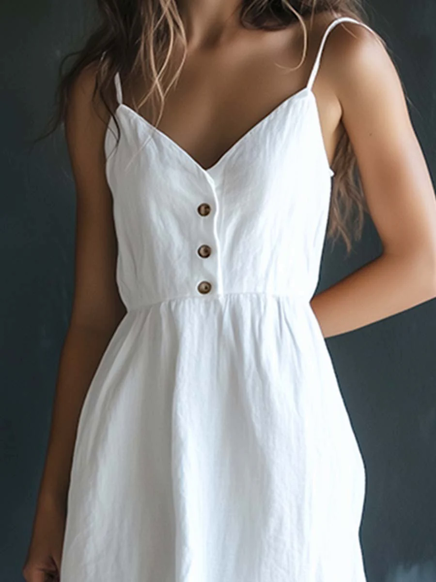 Casual Elegant White Spaghetti Strap Cotton Linen Summer Maxi Dress