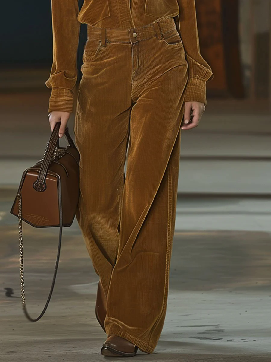 Casual Loose V-Neck Pocket Long Sleeve Corduroy Jumpsuit