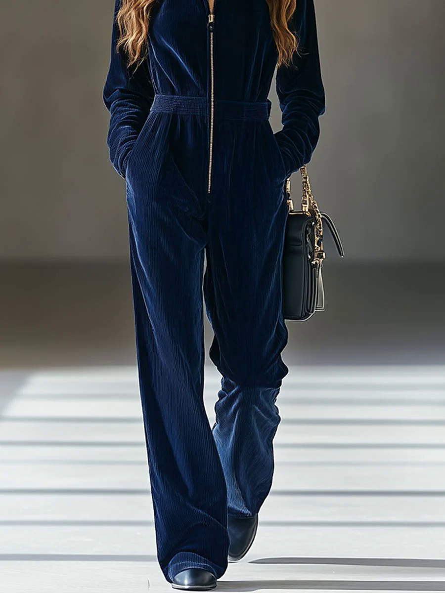 Casual Loose Vintage Corduroy Elastic Waist Zipper Jumpsuit