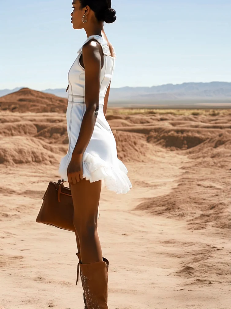 Stylish Casual White Denim Zipper Ruffle Trim Mini Dress