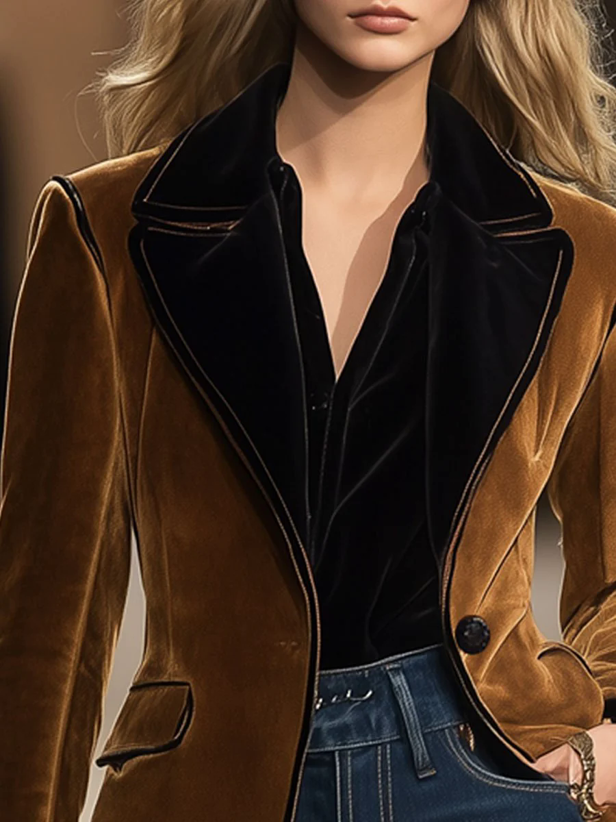 Casual Loose Vintage Suede Colorblock Lapel Pocket Blazer