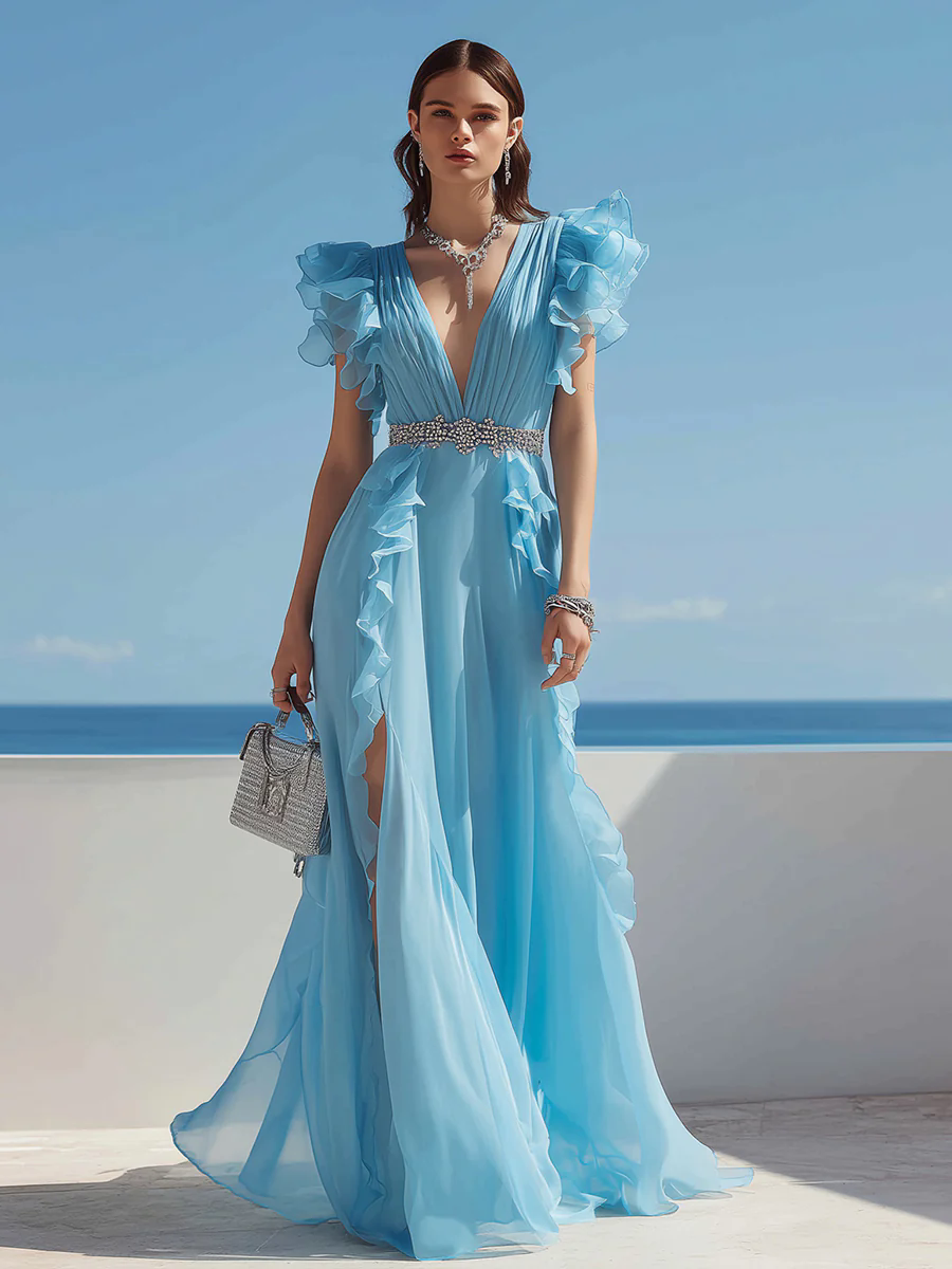 Women's Blue V-neck Ruffled Sleeves Hem Side Slit Chiffon Dress