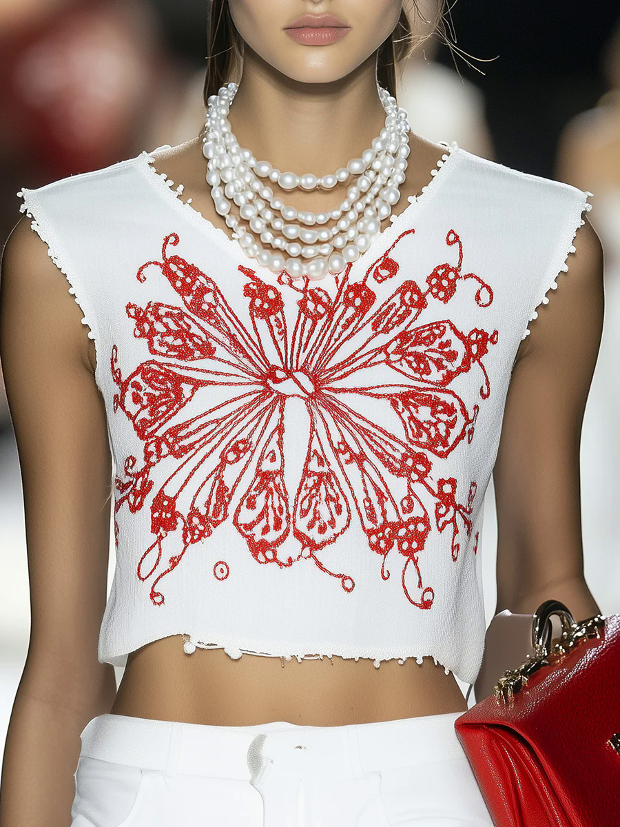 Western Casual Red Embroidered White Sleeveless Vest