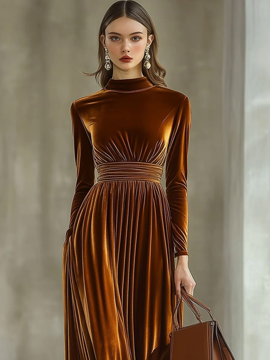 Solid Color Simple Party Long Sleeve Half Turtleneck Maxi Dress