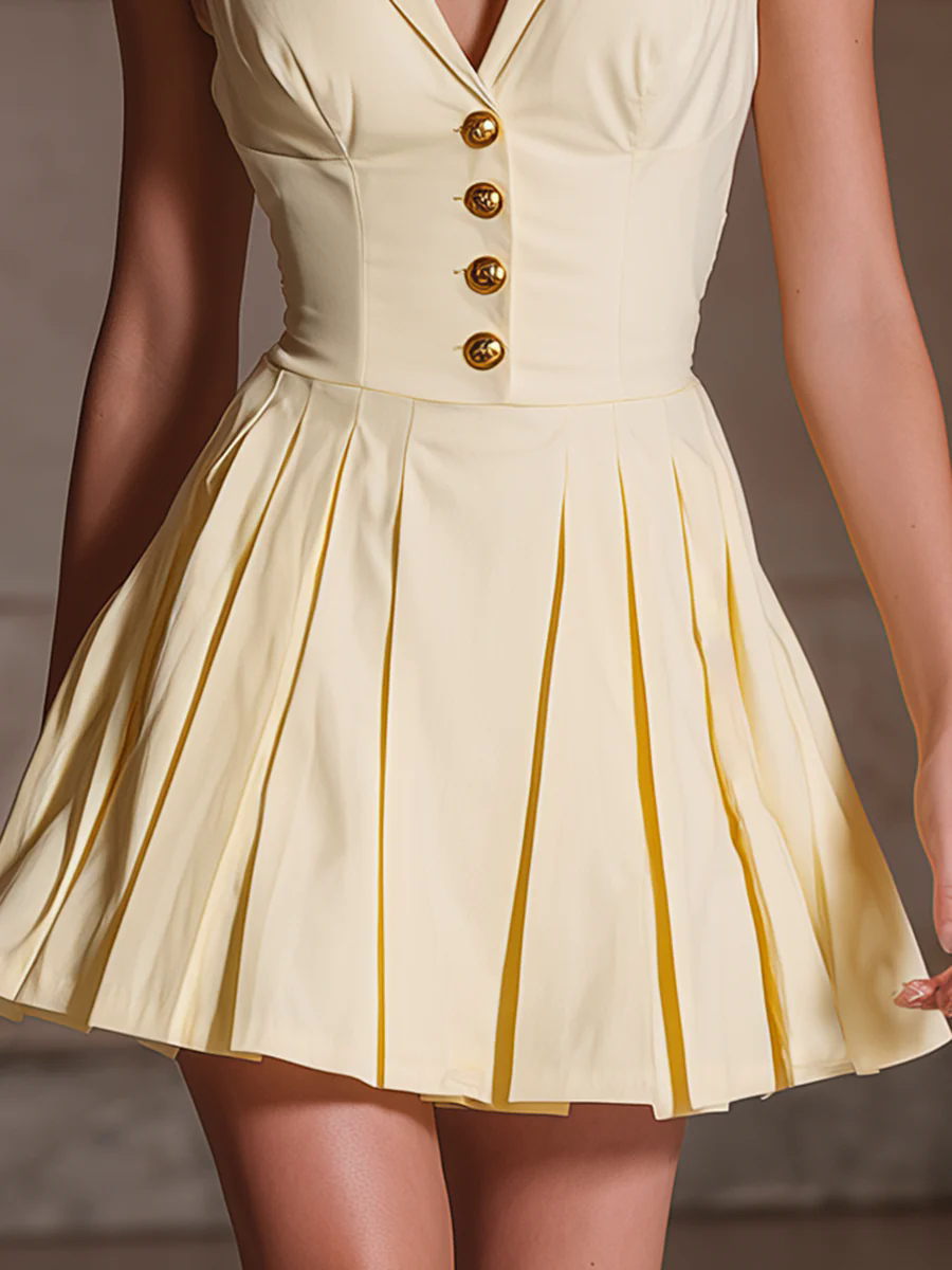 Fashionable And Elegant Light Yellow Lapel Button-decorated Sleeveless Mini Dress