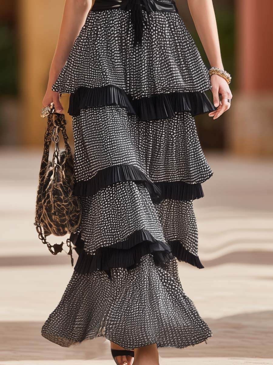 Retro Fashion V-Neck Leather Waist Polka Dot Layered Cake Maxi Dress