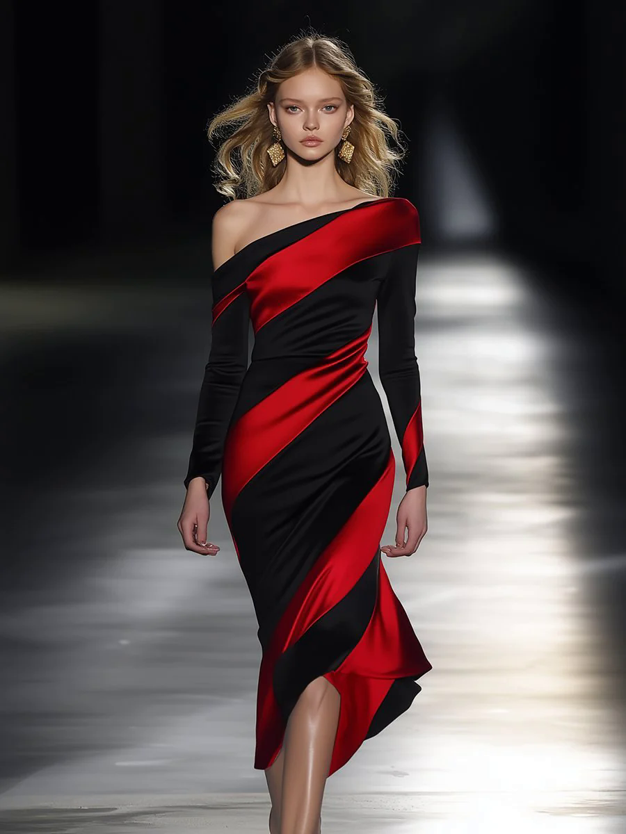 Elegant and Personalized Off-shoulder Black and Red Oblique Contrast Midi Dress