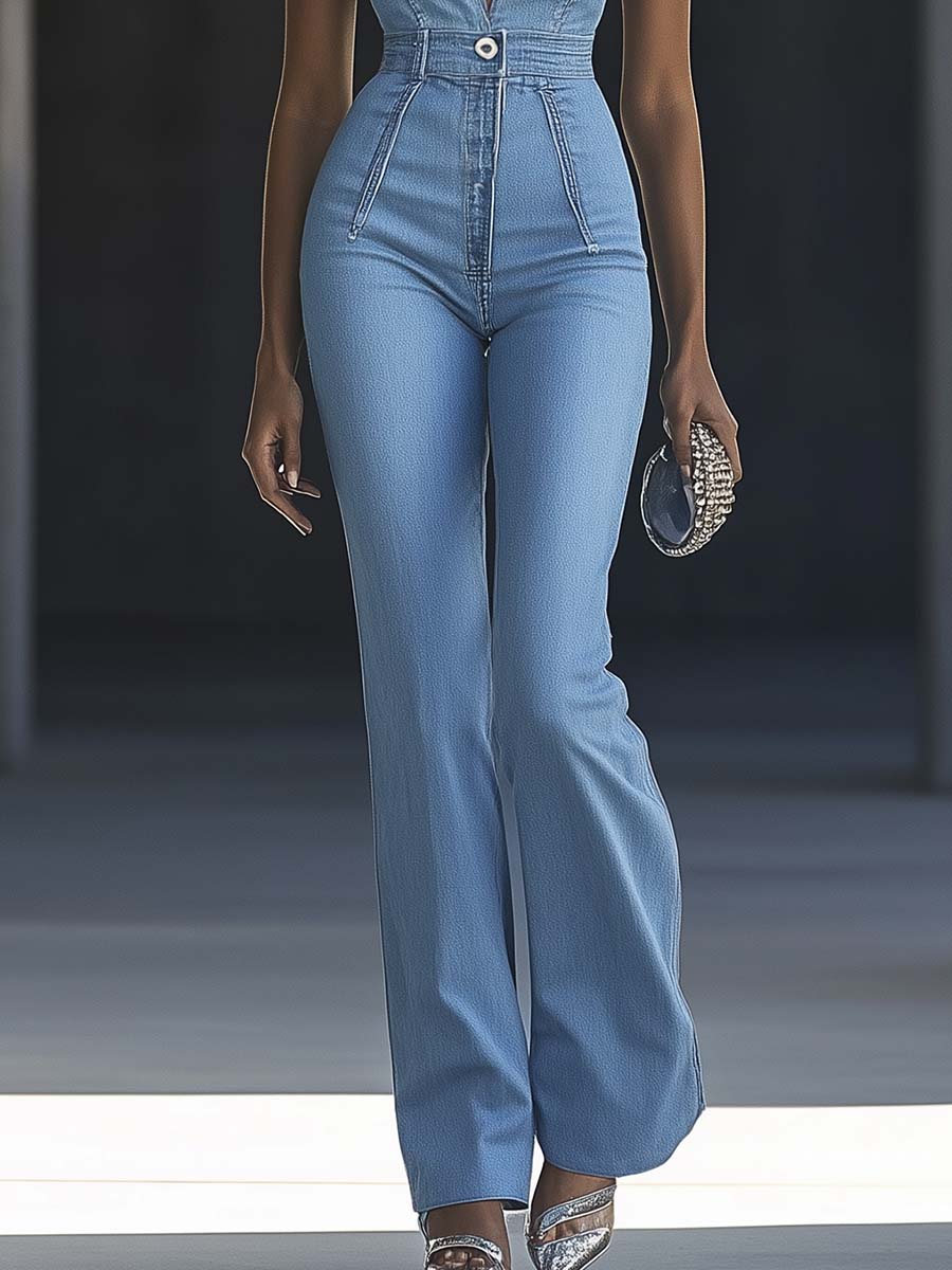 Simple and Fashionable V-neck Sleeveless Tight Light Blue Denim Jumpsuit