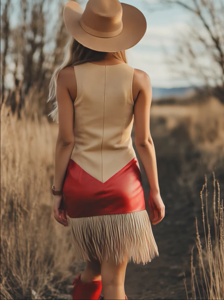 Elegant Retro Western Contrast Fringe Sleeveless Mini Dress