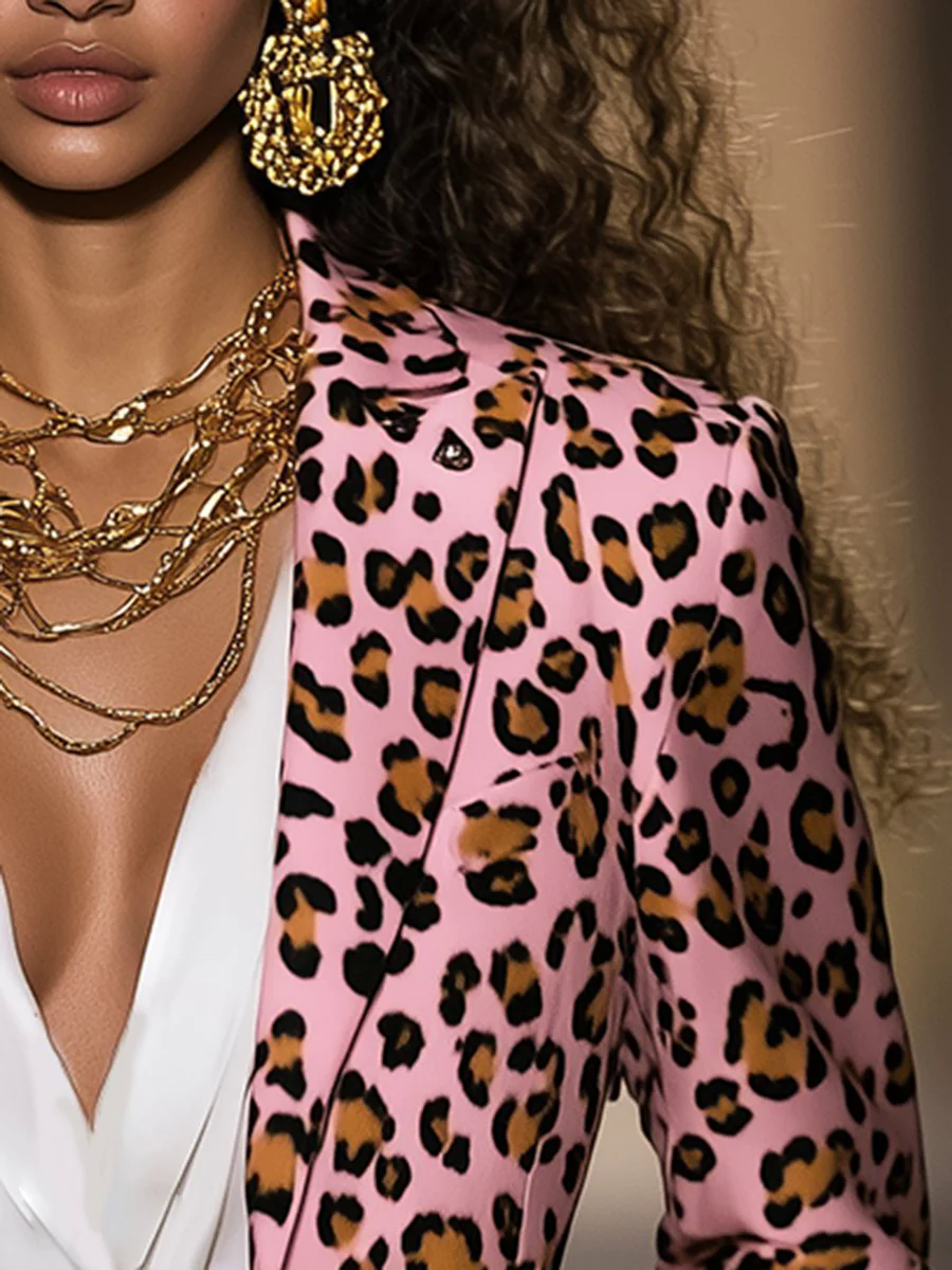 Casual Loose Vintage Satin Leopard Print Lapel Blazer
