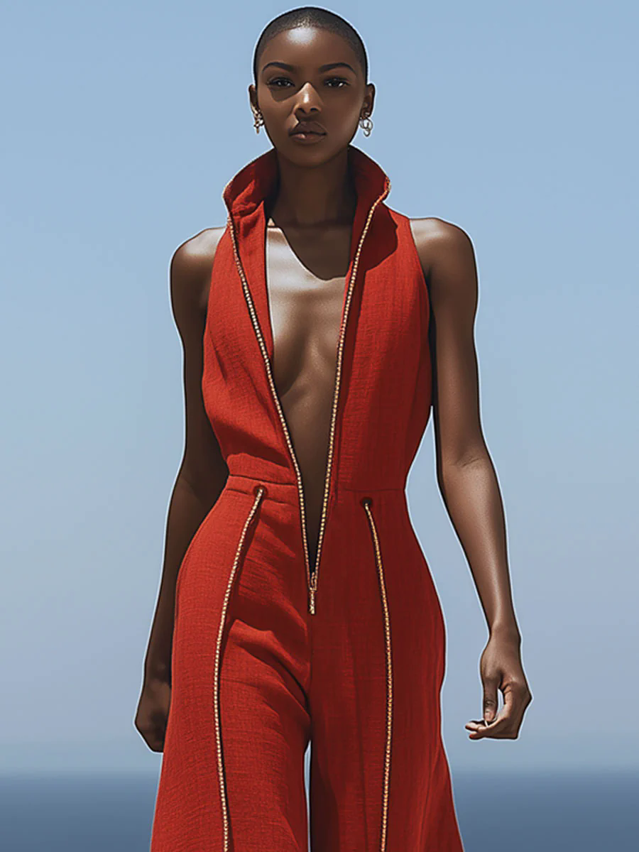 Casual Retro Red Cotton and Linen Zipper Sleeveless Elastic Waist Wide Leg Jumpsuit