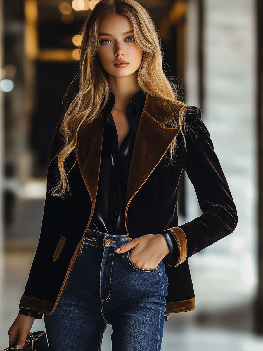 Casual Loose Vintage Velvet Colorblock Lapel Pocket Blazer