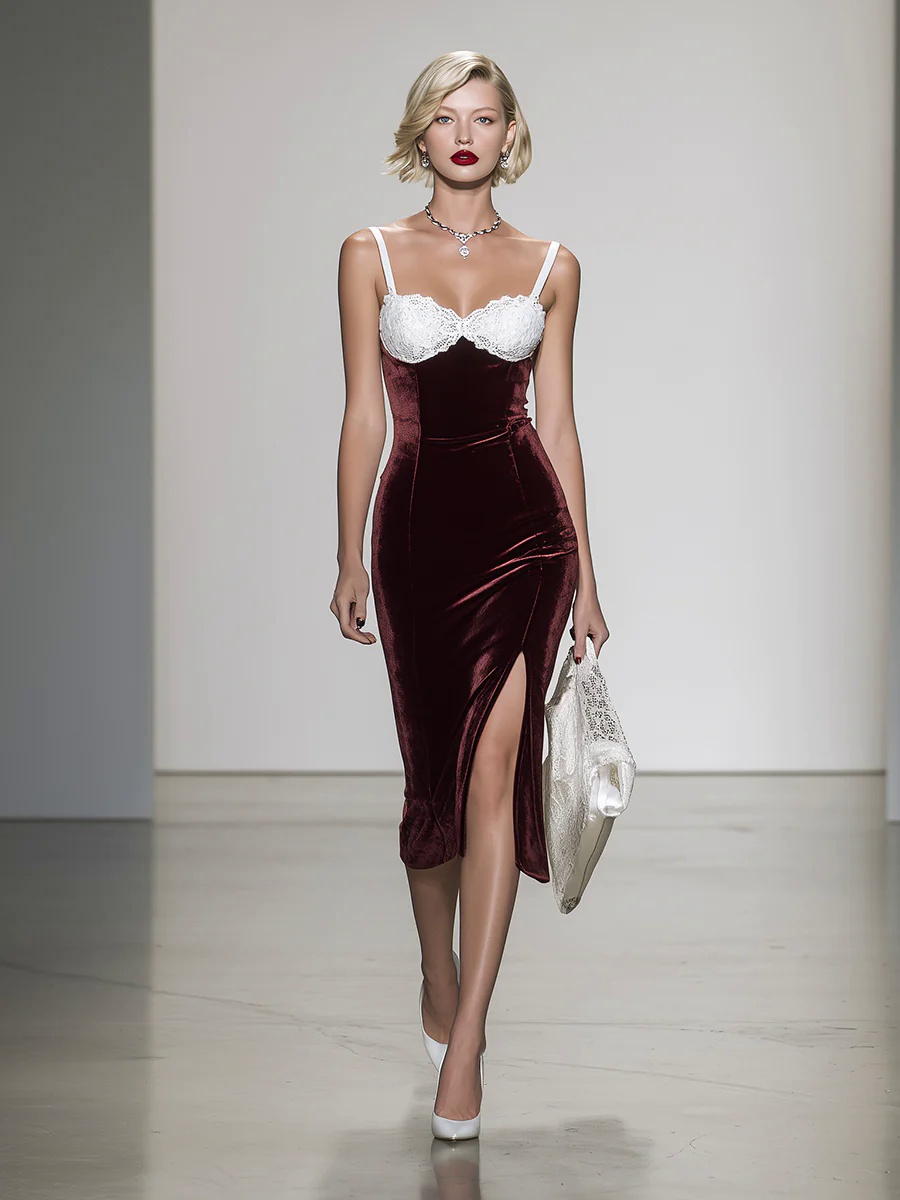 Women's Angora Red Velvet Spliced White Lace Suspender Slit Dress