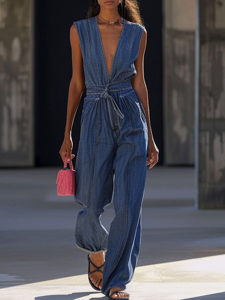 V-Neck Loose Casual Retro Pocket Lace-Up Denim Jumpsuit