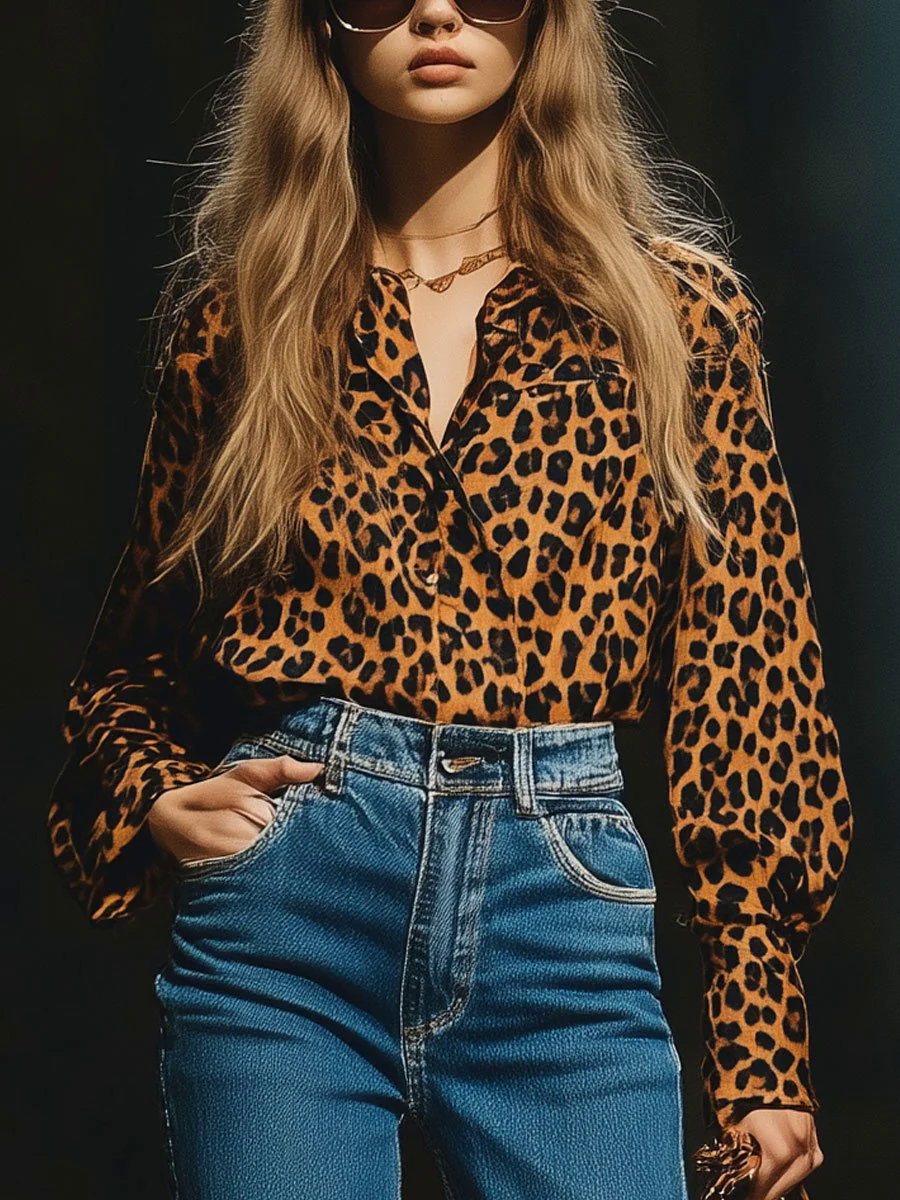 Casual Loose Vintage Velvet Leopard Print Long Sleeve Blouse
