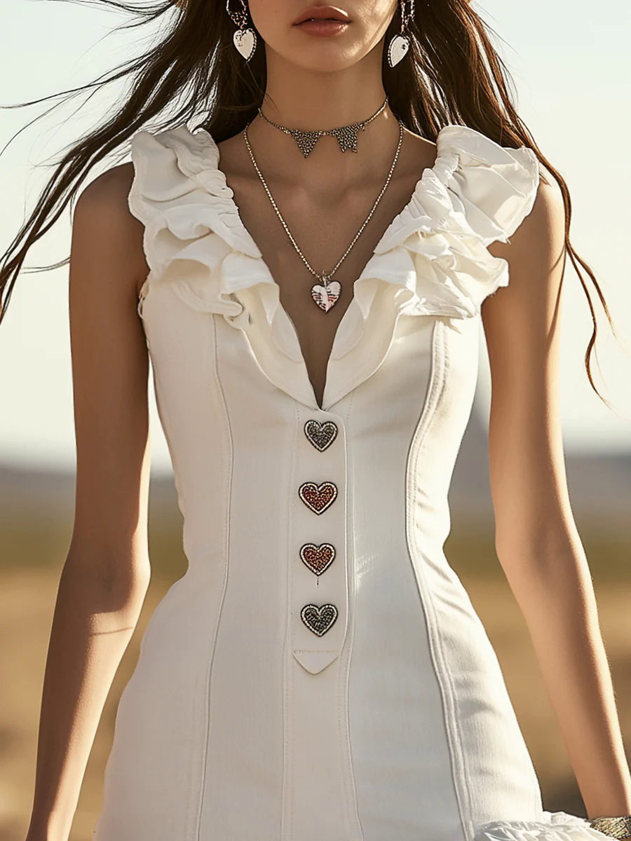 Fashionable And Casual Love Heart Button Decoration White V-neck Ruffle Mini Dress