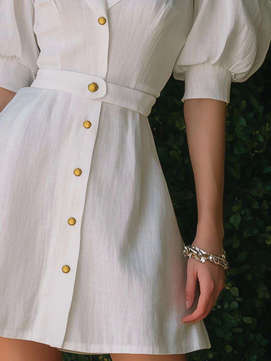 Women's White Linen Puff Sleeve Button Closure Short Dress