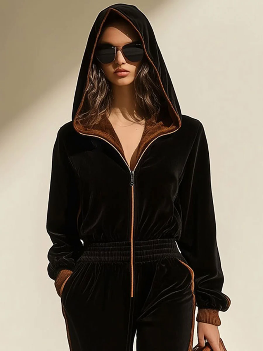 Casual Loose Retro Velvet Colorblock Zipper Hooded Jumpsuit