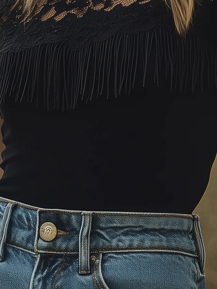 Elegant And Romantic Black Lace Tassel Short-sleeved T-shirt