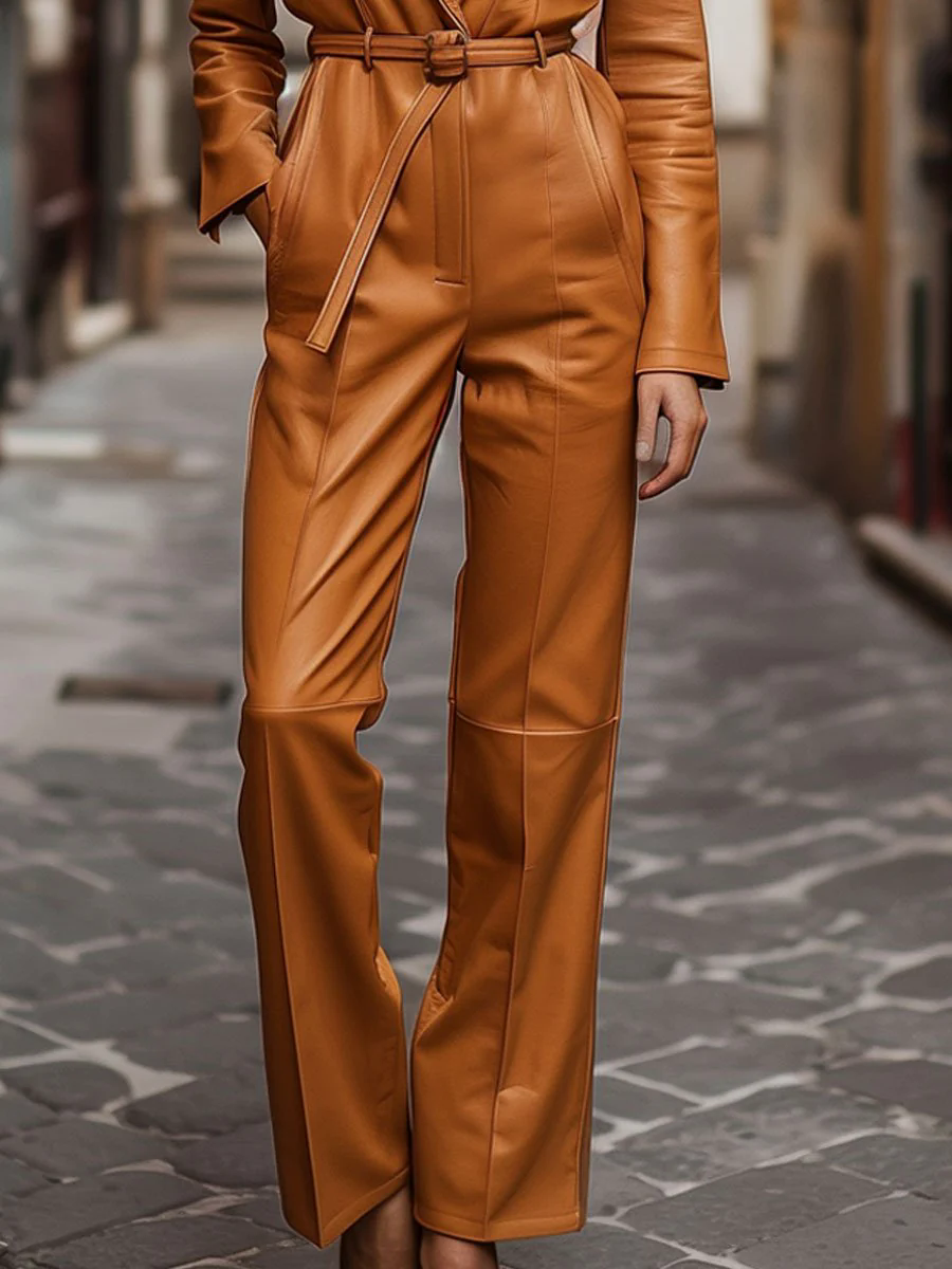 Casual Loose Pocket Vintage Leather Long Sleeve Jumpsuit